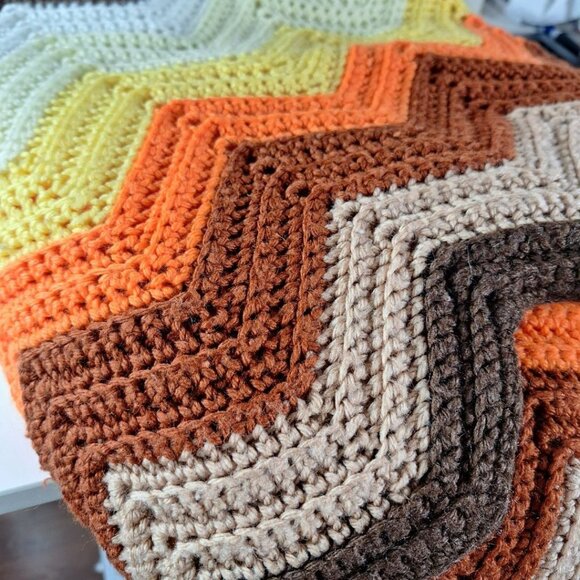 Handmade Afghan Blanket Orange Brown Fall Knit Crochet About 50 x 100 Inches - Picture 7 of 9
